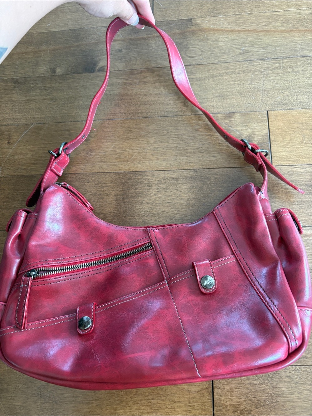Y2K Red Women's Shoulder Bag with Front Zip and Button Details in Faux Leather